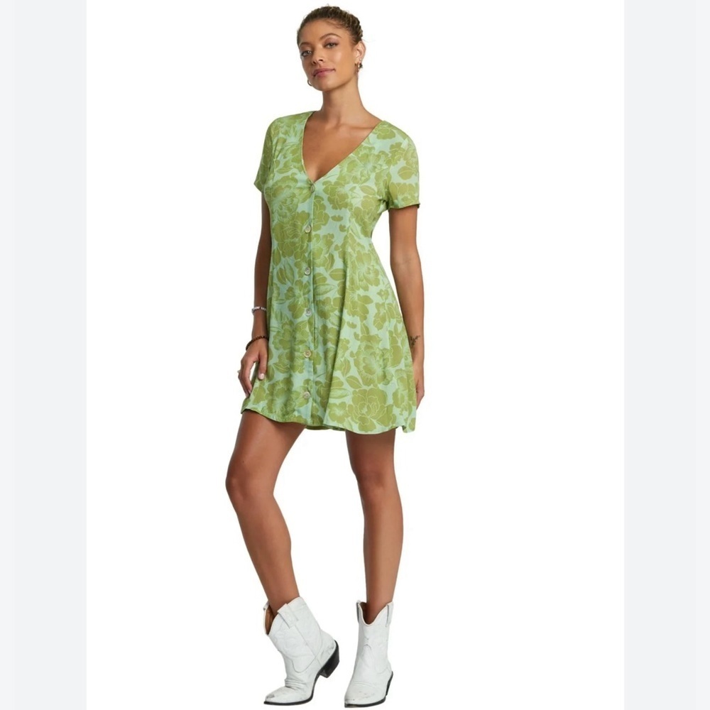 RVCA UNDERSTATED MINI Green Floral Button-Down Dress SIZE XSMALL